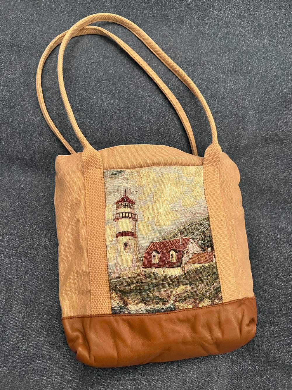 Canvas Tote Bag with Lighthouse Tapestry Panel - by My Maine Bag